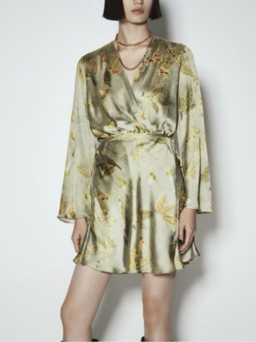 Zara Olive Green Floral Satin Wrap Robe